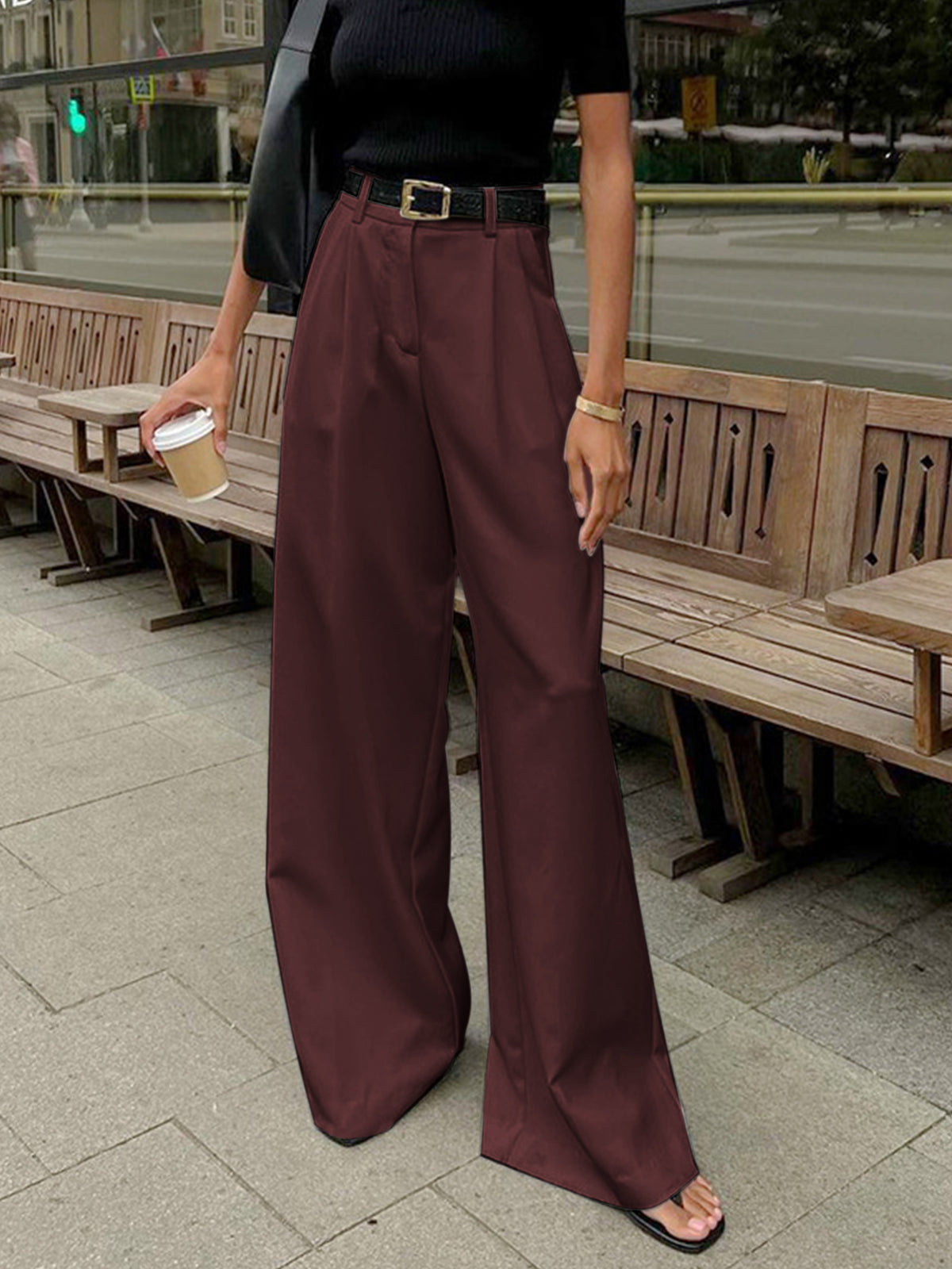 Damskie Spodnie Szerokie z Plisowanym Przodem i Paskiem Eleganckie Komfortowe 5