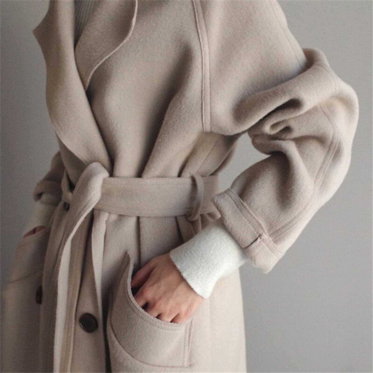 Frieda | Damen Mantel langer Wollmantel mit Revers Doppelknöpfen 2