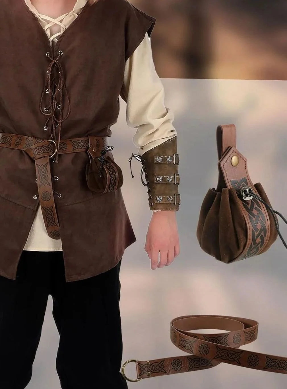 Simon | Herren Mittelalter Kostüm Set Schnür-Hemd Weste Hose Gürtel Armstulpen 5