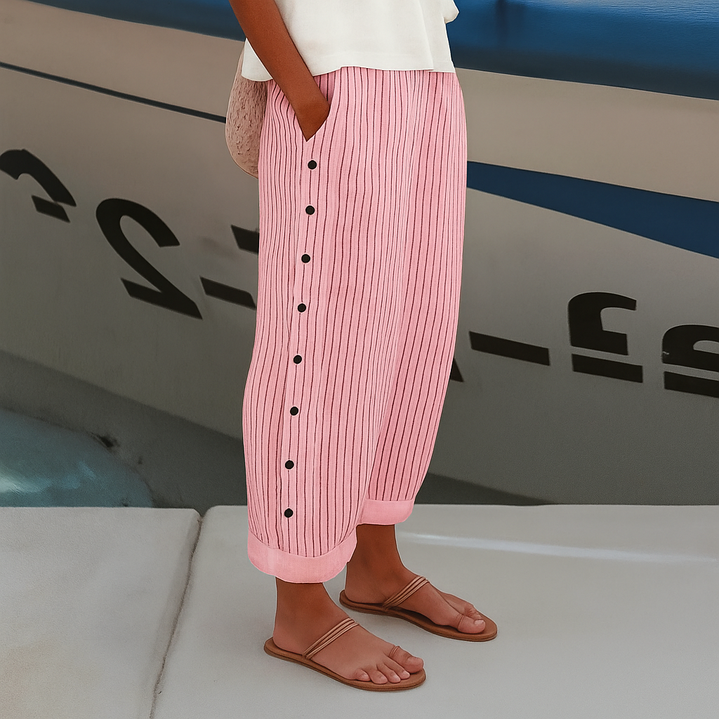 Spodnie Damskie Casual W Paski Z Guzikami Na Lato - Stylowe I Wygodne Do Codziennych Stylizacji 3