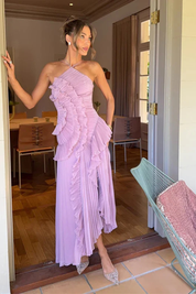 Sukienka Maxi Letnia Bez Rękawów Odkryte Plecy Elegancka na Wesele i Lato 4
