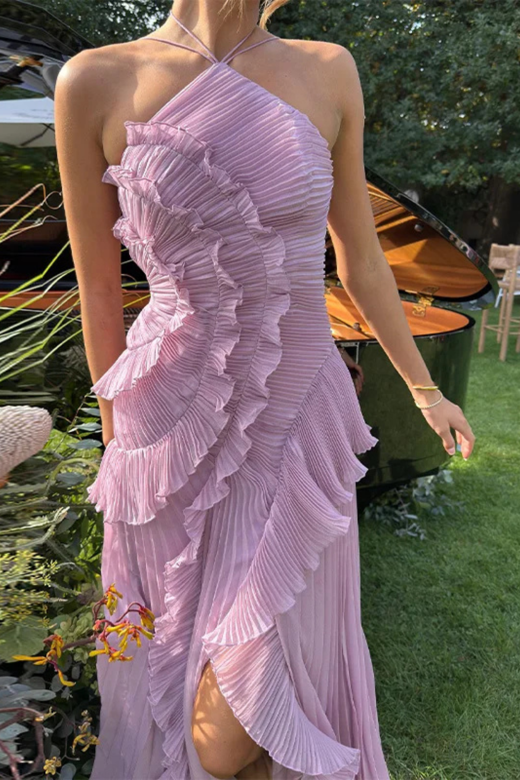 Sukienka Maxi Letnia Bez Rękawów Odkryte Plecy Elegancka na Wesele i Lato 5