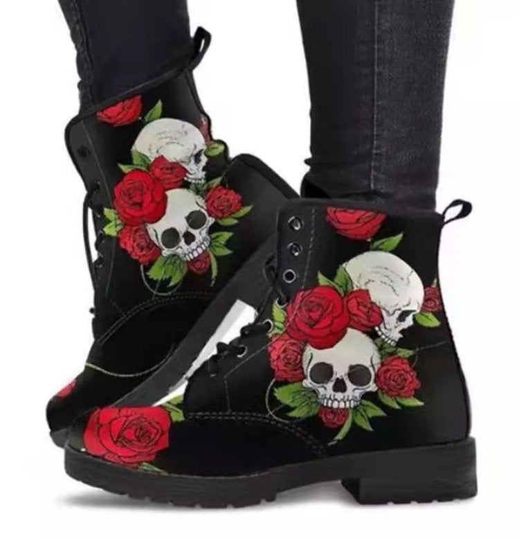 Orthopedic Zimowe Buty Damskie z Wzorem Czaszki i Kwiatów z Wsparciem Łuku Stopy